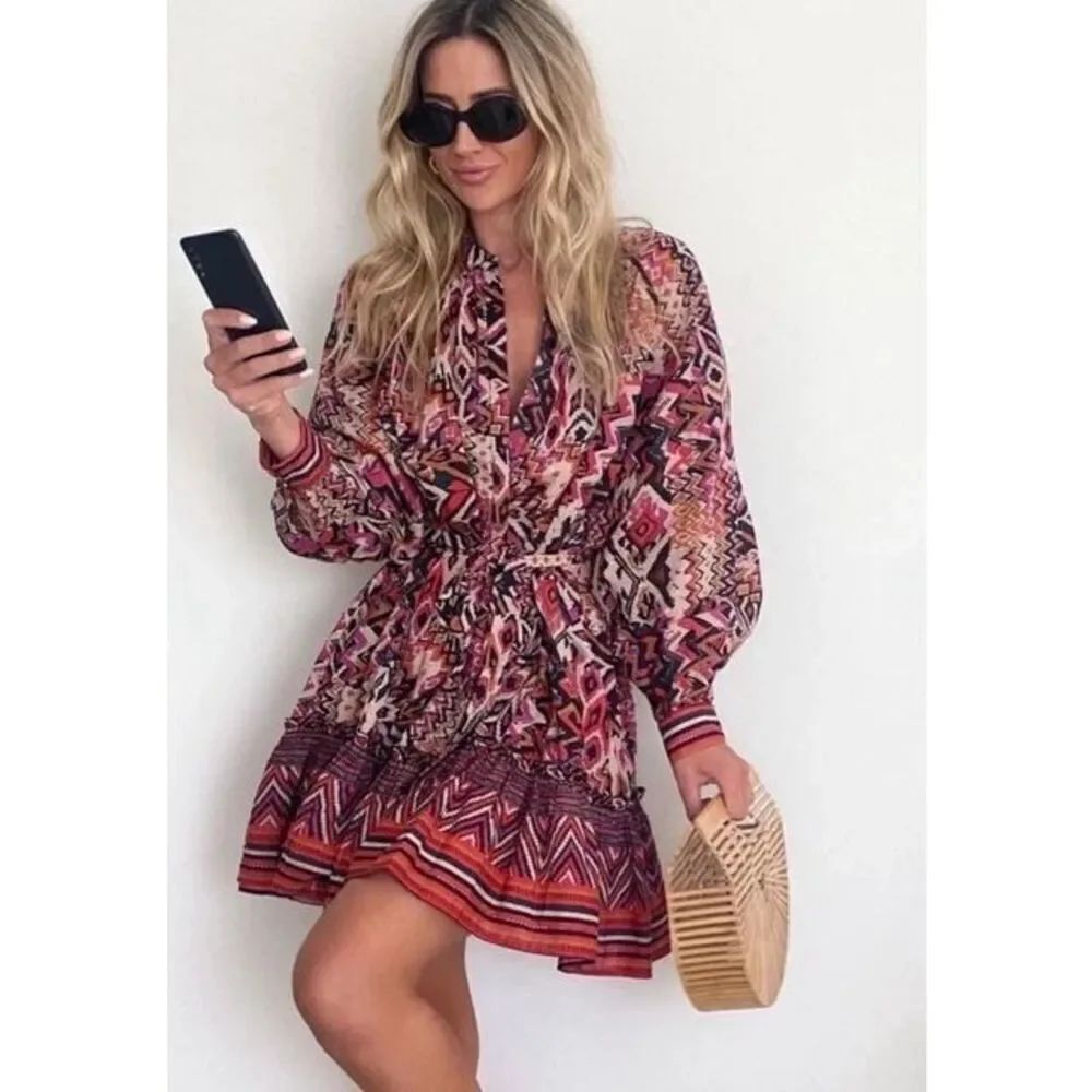 Zara Boho Print Mini Dress XS Cotton Tie Waist Long Sleeve